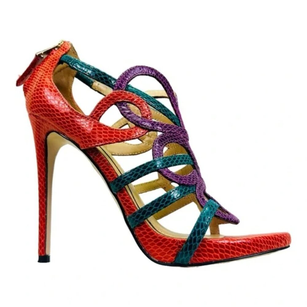 NEW NWT! BRIAN ATWOOD TIRA MARDI GRAS SNAKESKIN STILETTO SANDAL SPIKE HEELS 5.5B